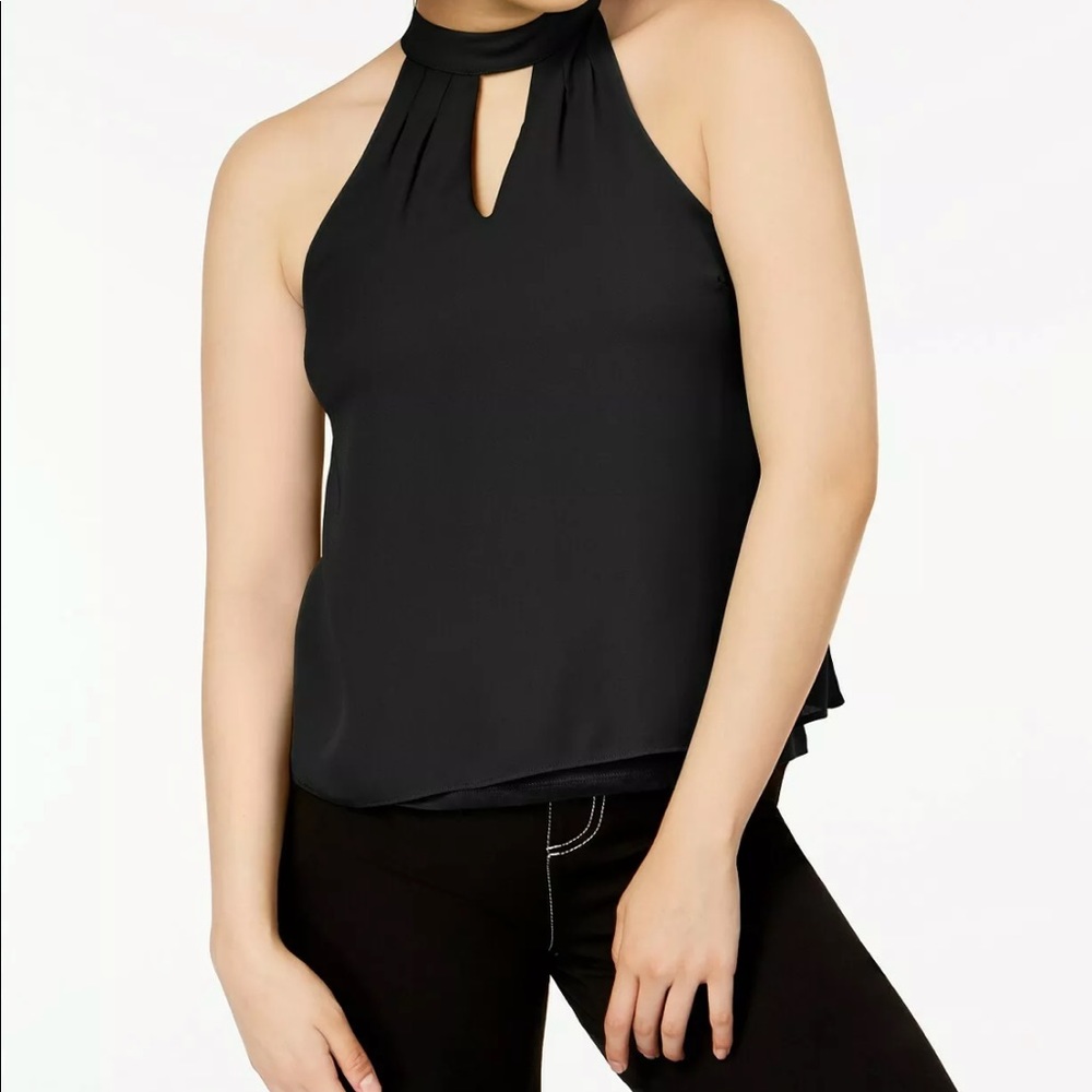 🔥BAR III🔥MOCK-NECK KEYHOLE FLYAWAY LAYERED SLEEVELESS BLOUSE BLACK SMALL NWT